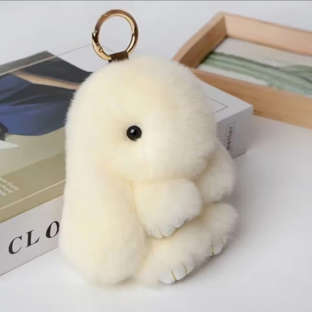 Plush Cream Bunny Keychain Bag Charm with Gold Ring